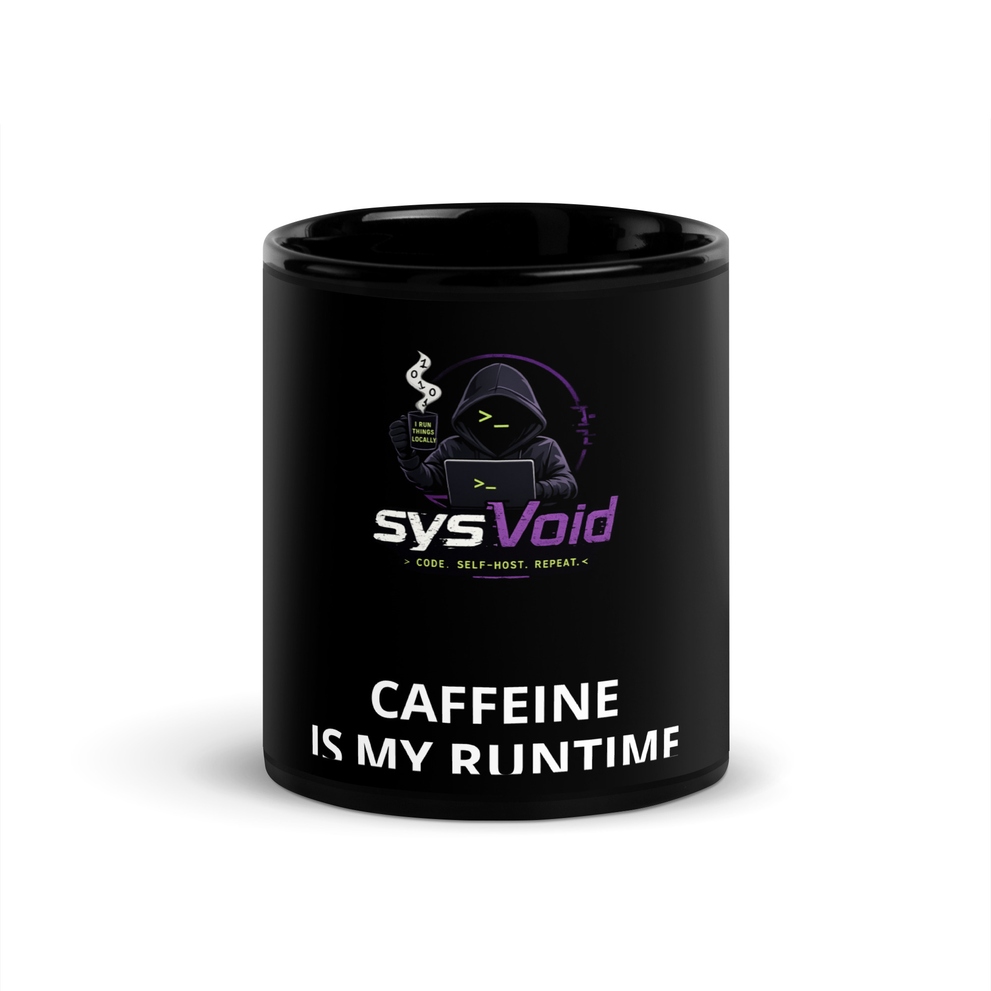 Front of black 11 oz sysVoid Caffeine Is My Runtime mug