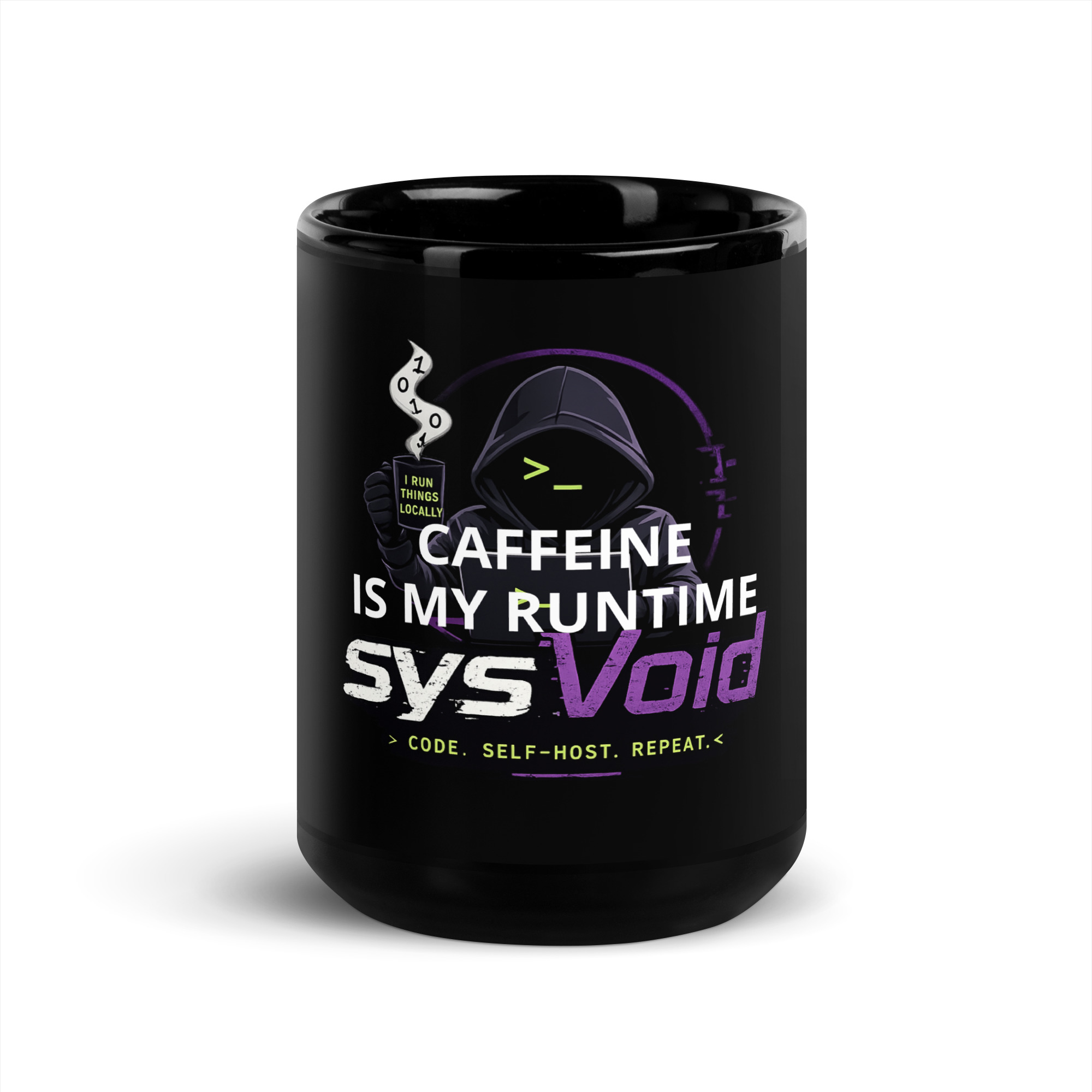 Front of black 15 oz sysVoid Caffeine Is My Runtime mug