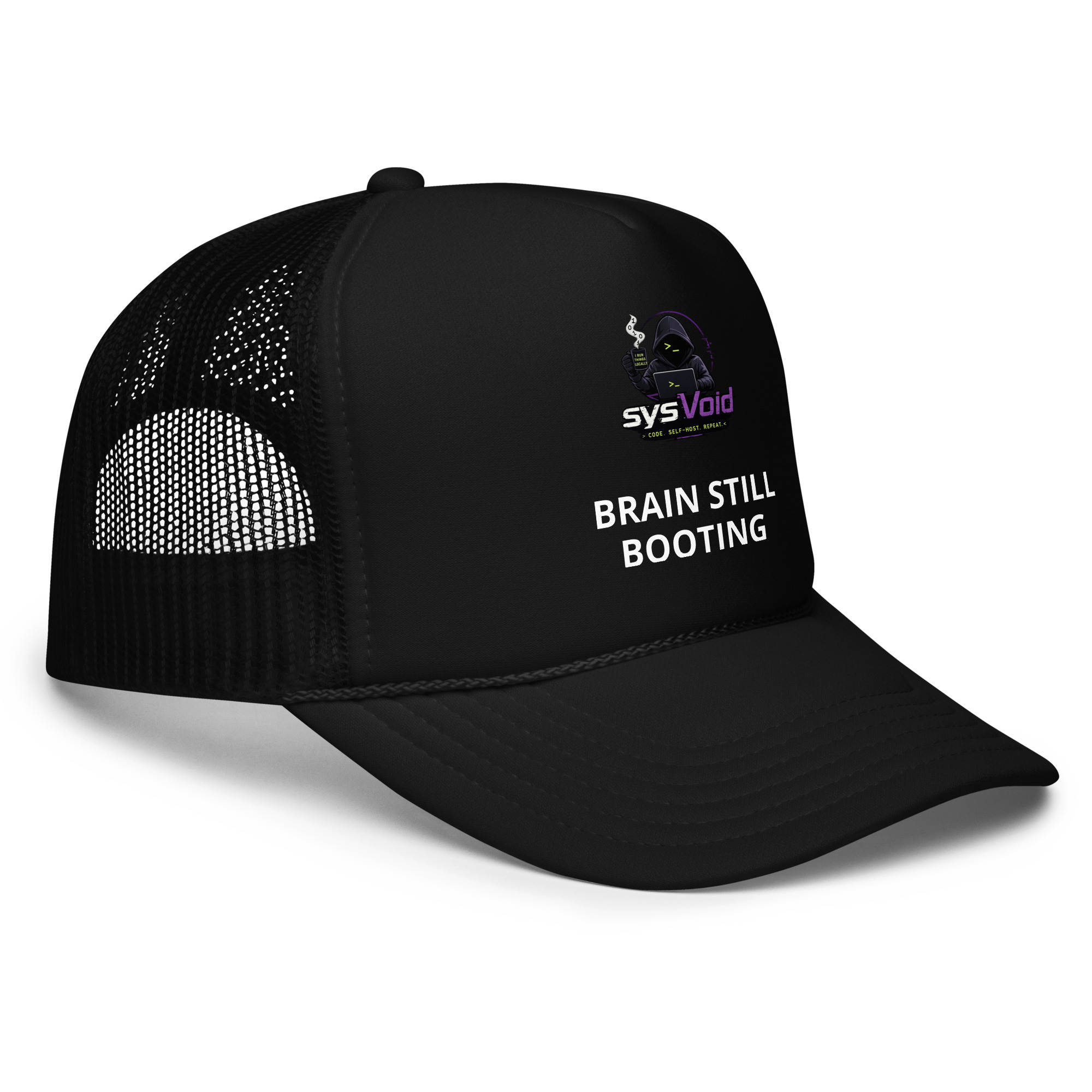 Angled view of sysVoid Brain Still Booting trucker hat