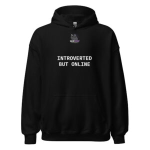 Black sysVoid Introverted But Online hoodie, front logo and white slogan