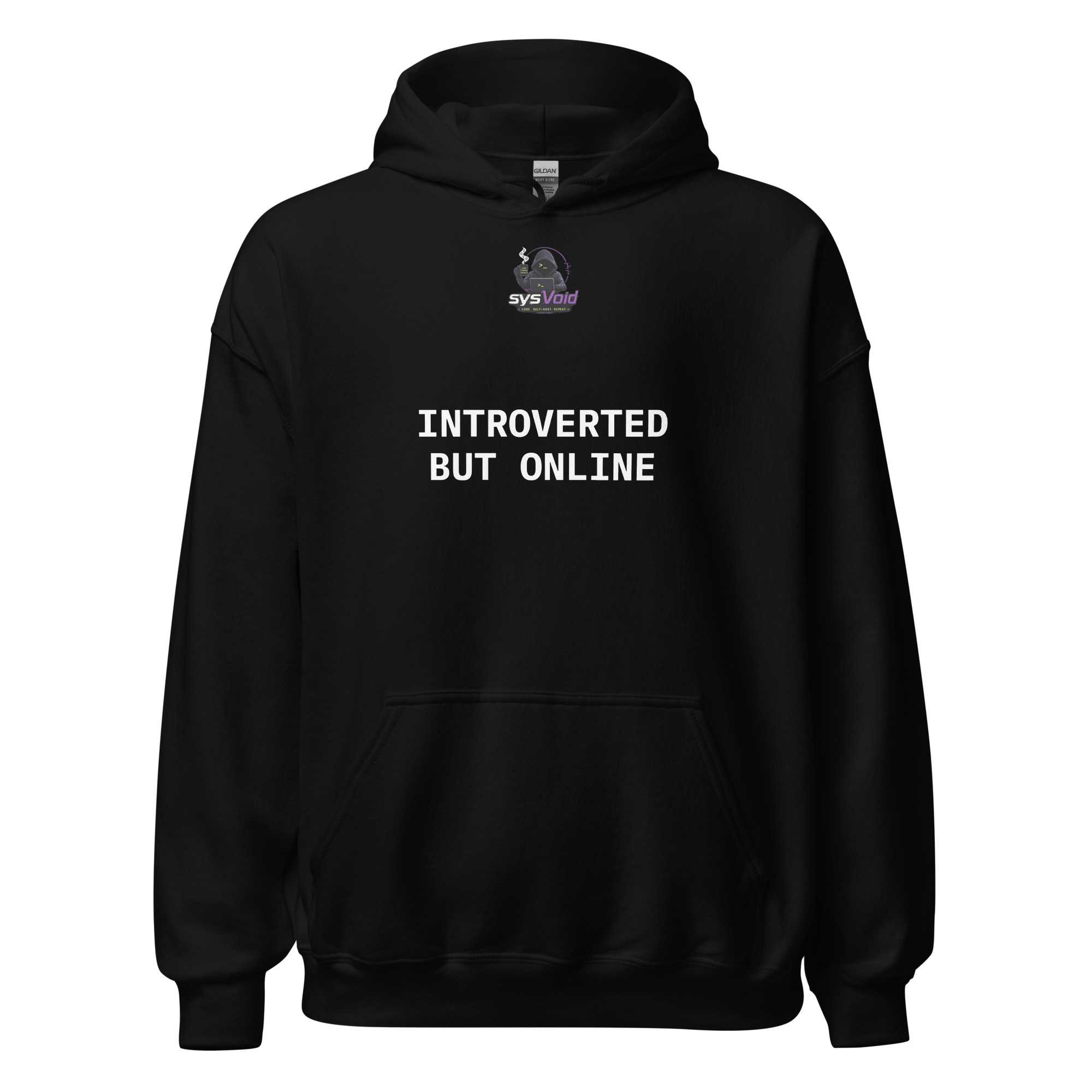 Black sysVoid Introverted But Online hoodie, front logo and white slogan